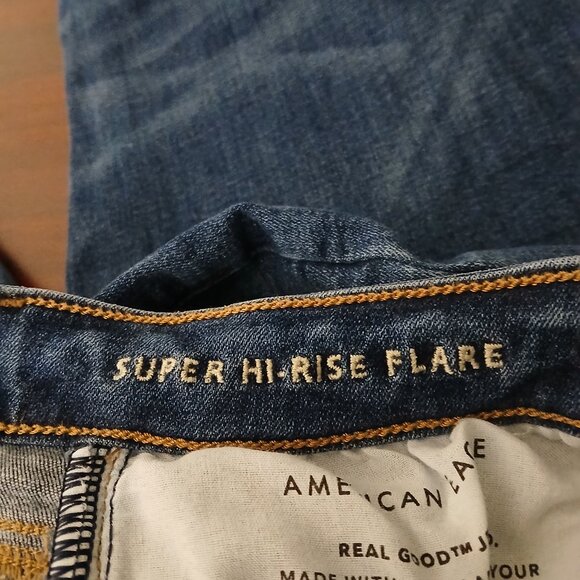 American Eagle Jeans Size 10 Super High Rise Slit Flare Blue Denim Stretch - Picture 10 of 12
